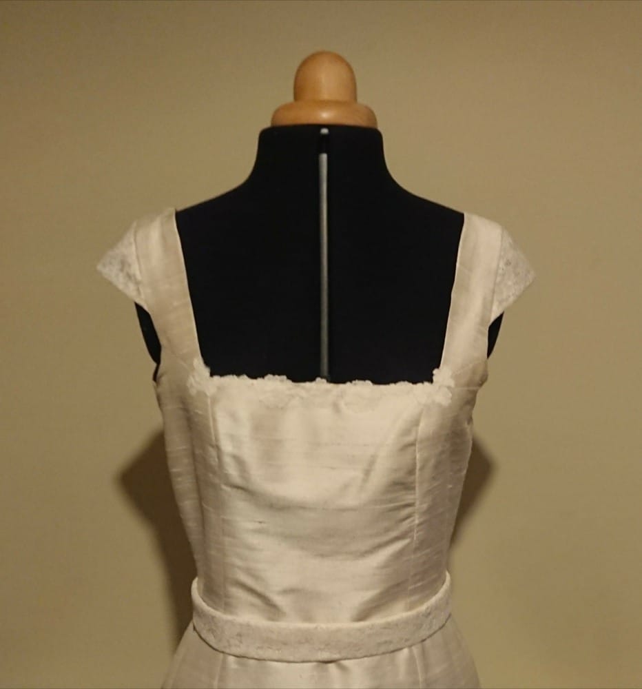 Wedding dress hand sewn from 100% silk dupion with English Leavers lace trim